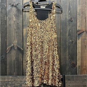 Everly Sequin Dress S Gold Metallic Flowy Party Holiday Slip Y2K Girly Shimmer